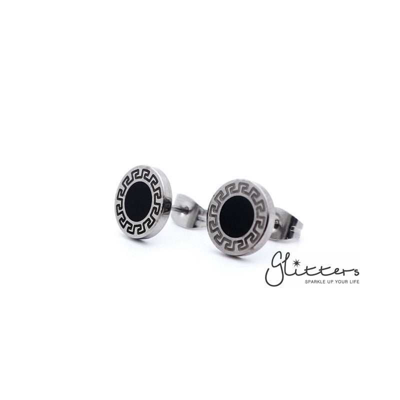 Stainless Steel Greek Key Pattern Stud Earrings-earrings, Jewellery, Men's Earrings, Men's Jewellery, Stainless Steel, Stud Earrings, Women's Earrings-er1446-2-Glitters