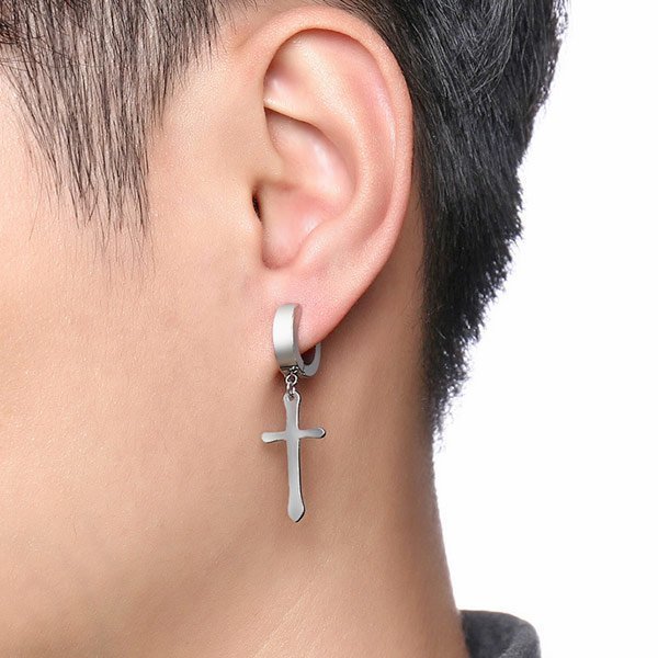 Stainless Steel Cross Shape Drop Huggie Hoop Earrings-earrings, Hoop Earrings, Huggie Earrings, Jewellery, Men's Earrings, Men's Jewellery, Stainless Steel, Women's Earrings-er1469m2-Glitters