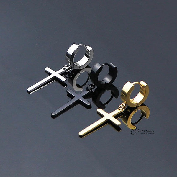 Stainless Steel Huggie Hoop Earrings with Drop Cross-earrings, Hoop Earrings, Huggie Earrings, Jewellery, Men's Earrings, Men's Jewellery, Stainless Steel, Women's Earrings-er1470-all-Glitters