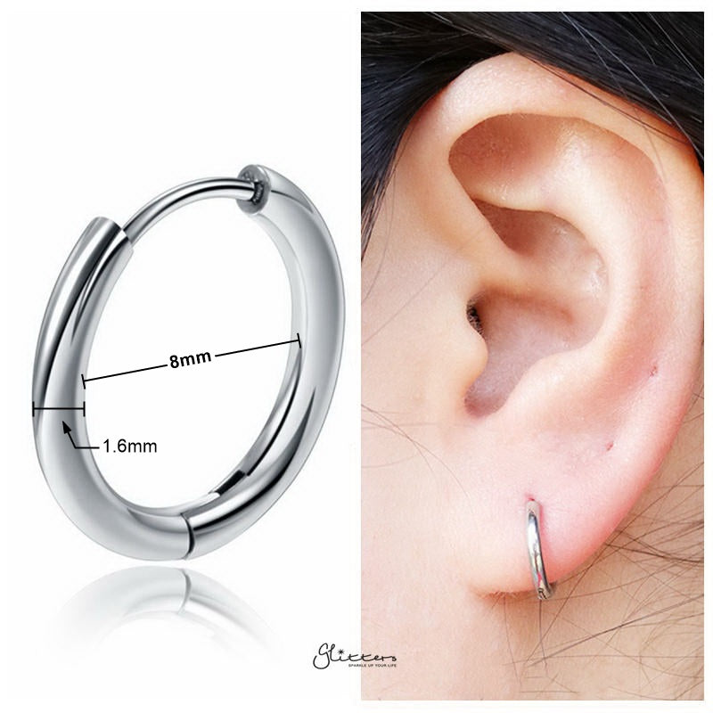 Stainless Steel Round Huggie Hoop Earring - Silver-earrings, Hoop Earrings, Huggie Earrings, Jewellery, Men's Earrings, Men's Jewellery, Stainless Steel, Women's Earrings, Women's Jewellery-er1474-s1_8mm_New-Glitters