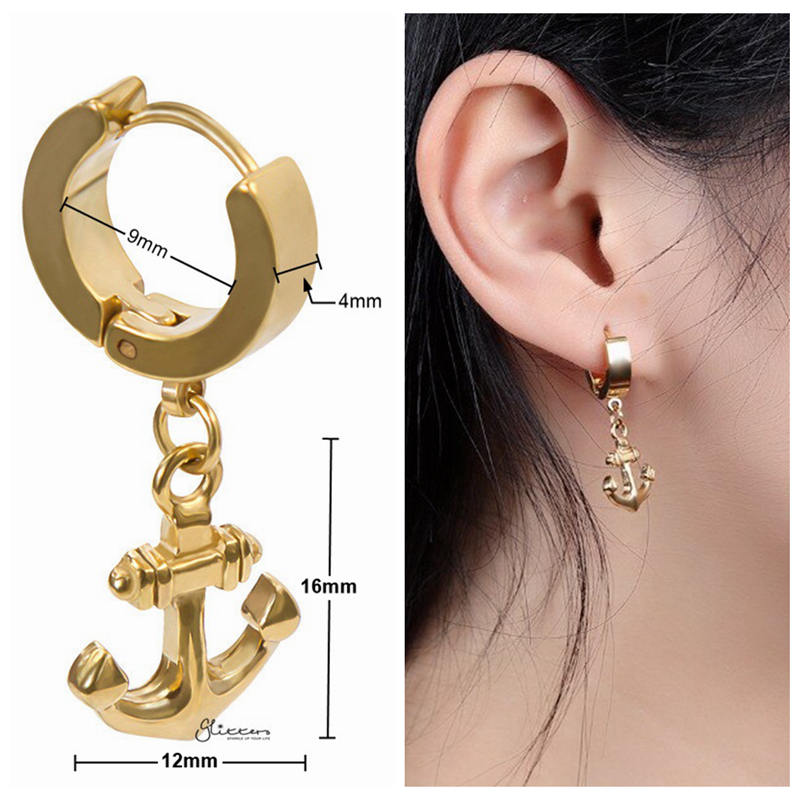 Anchor Dangle Huggie Hoop Earrings - Gold-earrings, Hoop Earrings, Huggie Earrings, Jewellery, Men's Earrings, Men's Jewellery, Stainless Steel, Women's Earrings-er1482-g3_3-Glitters