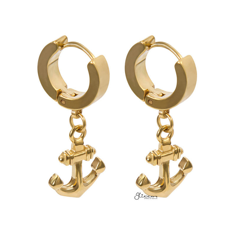 Anchor Dangle Huggie Hoop Earrings - Gold-earrings, Hoop Earrings, Huggie Earrings, Jewellery, Men's Earrings, Men's Jewellery, Stainless Steel, Women's Earrings-er1482-g_1-Glitters
