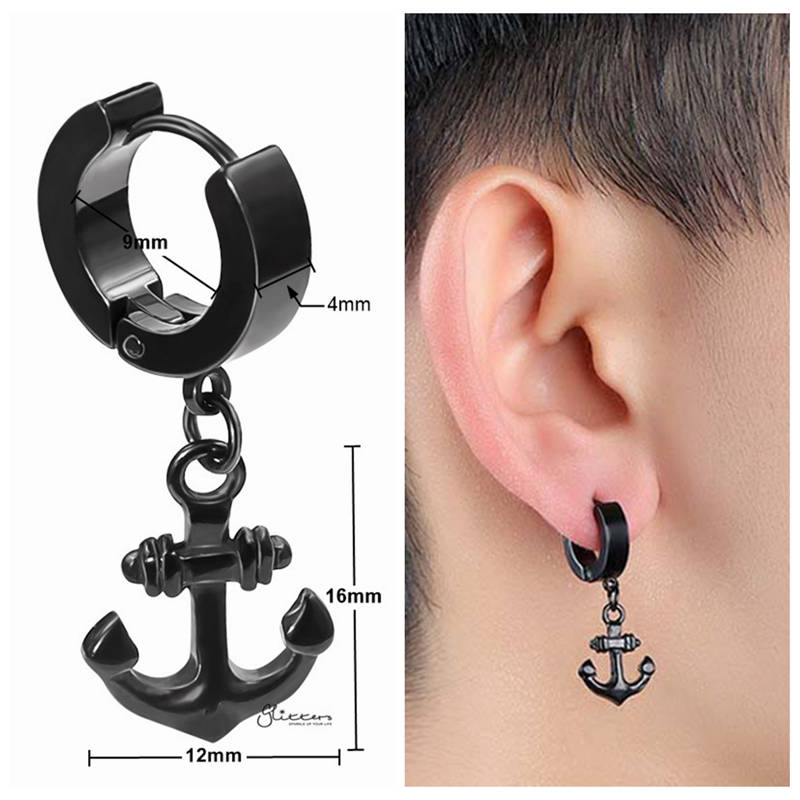 Anchor Dangle Huggie Hoop Earrings - Black-earrings, Hoop Earrings, Huggie Earrings, Jewellery, Men's Earrings, Men's Jewellery, Stainless Steel, Women's Earrings-er1482-k3_3-Glitters