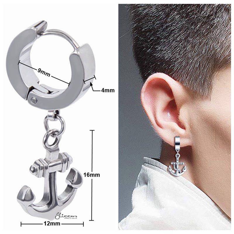 Anchor Dangle Huggie Hoop Earrings - Silver-earrings, Hoop Earrings, Huggie Earrings, Jewellery, Men's Earrings, Men's Jewellery, Stainless Steel, Women's Earrings-er1482-s1_3-Glitters