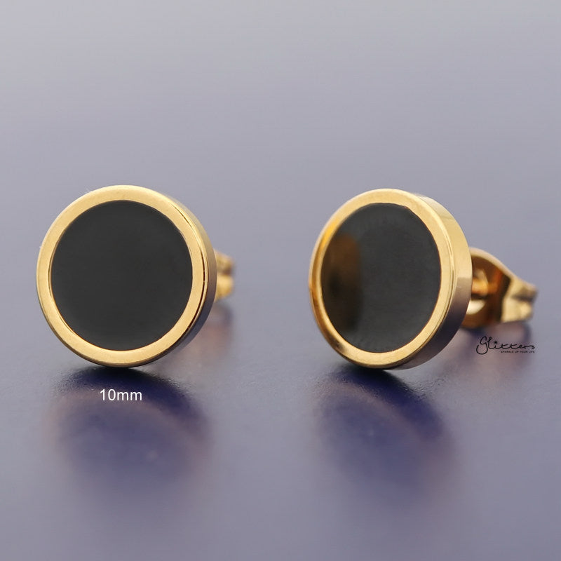 Stainless Steel Round Stud Earrings with Black Center - Gold-earrings, Jewellery, Men's Earrings, Men's Jewellery, Stainless Steel, Stud Earrings, Women's Earrings-er1484-G-10mm_800-Glitters