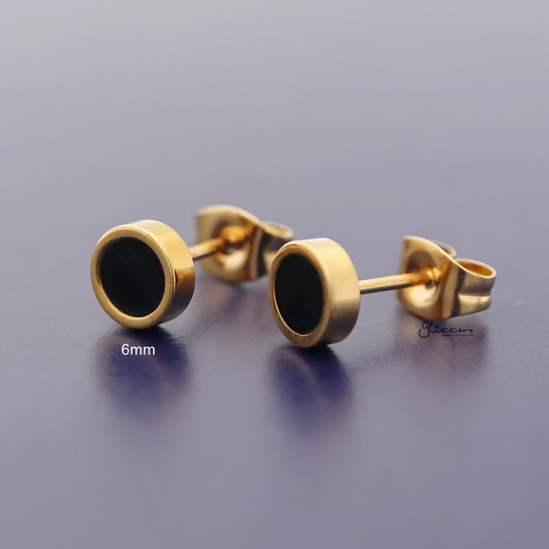 Stainless Steel Round Stud Earrings with Black Center - Gold-earrings, Jewellery, Men's Earrings, Men's Jewellery, Stainless Steel, Stud Earrings, Women's Earrings-er1484-G-6mm_800-Glitters
