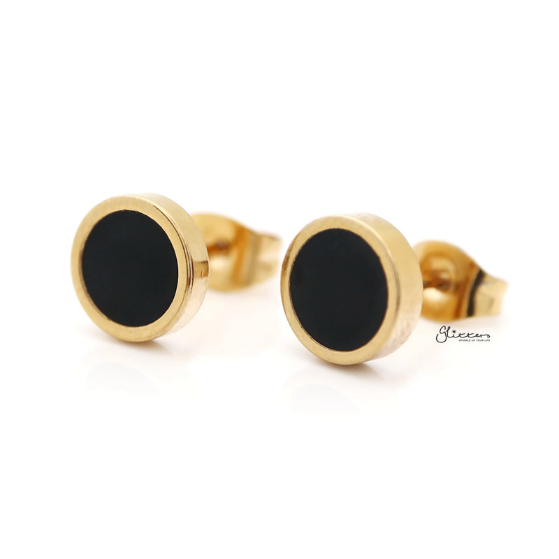 Stainless Steel Round Stud Earrings with Black Center - Gold-earrings, Jewellery, Men's Earrings, Men's Jewellery, Stainless Steel, Stud Earrings, Women's Earrings-er1484-G_800-Glitters