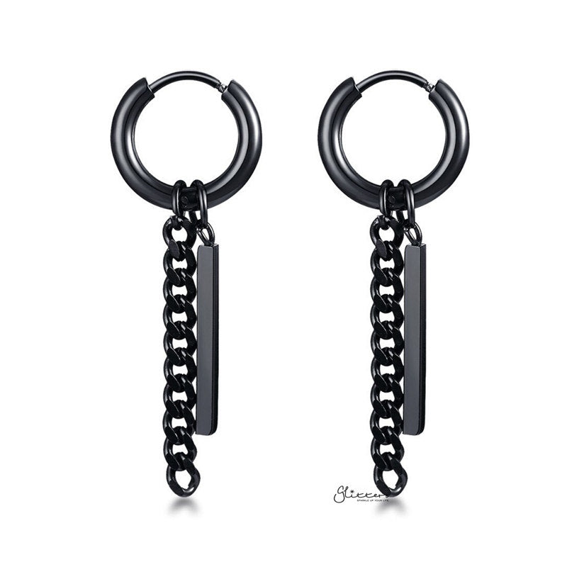 Stainless Steel Drop Bar with Chain Huggie Hoop Earrings - Black-Chain Earring, earrings, Hoop Earrings, Huggie Earrings, Jewellery, Men's Earrings, Men's Jewellery, Stainless Steel, Women's Earrings-er1488-k-1_800-Glitters