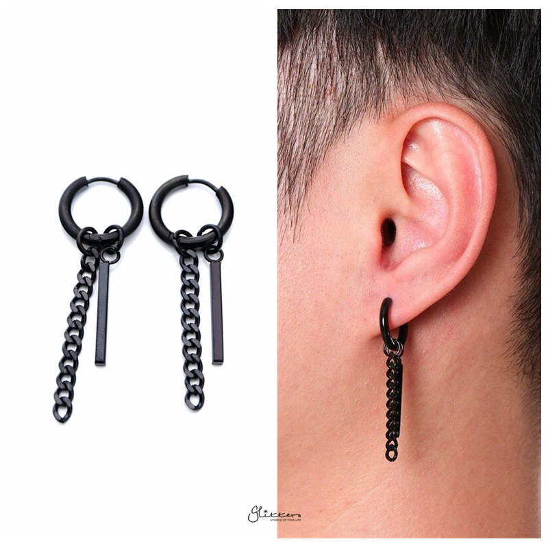 Stainless Steel Drop Bar with Chain Huggie Hoop Earrings - Black-Chain Earring, earrings, Hoop Earrings, Huggie Earrings, Jewellery, Men's Earrings, Men's Jewellery, Stainless Steel, Women's Earrings-er1488-k-2-Glitters