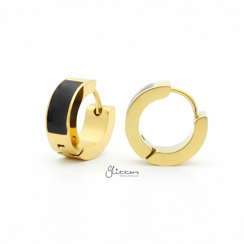 Black Centre Stainless Steel Hinged Hoop Earrings - Gold-earrings, Hoop Earrings, Huggie Earrings, Jewellery, Men's Earrings, Men's Jewellery, Stainless Steel-er1541-g2_800-Glitters