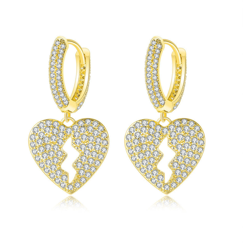 Dangle Heart One-Touch Huggie Hoop Earrings-Cubic Zirconia, earrings, Hip Hop Earrings, Hoop Earrings, Iced Out, Jewellery, Women's Earrings, Women's Jewellery-er1556_g-Glitters
