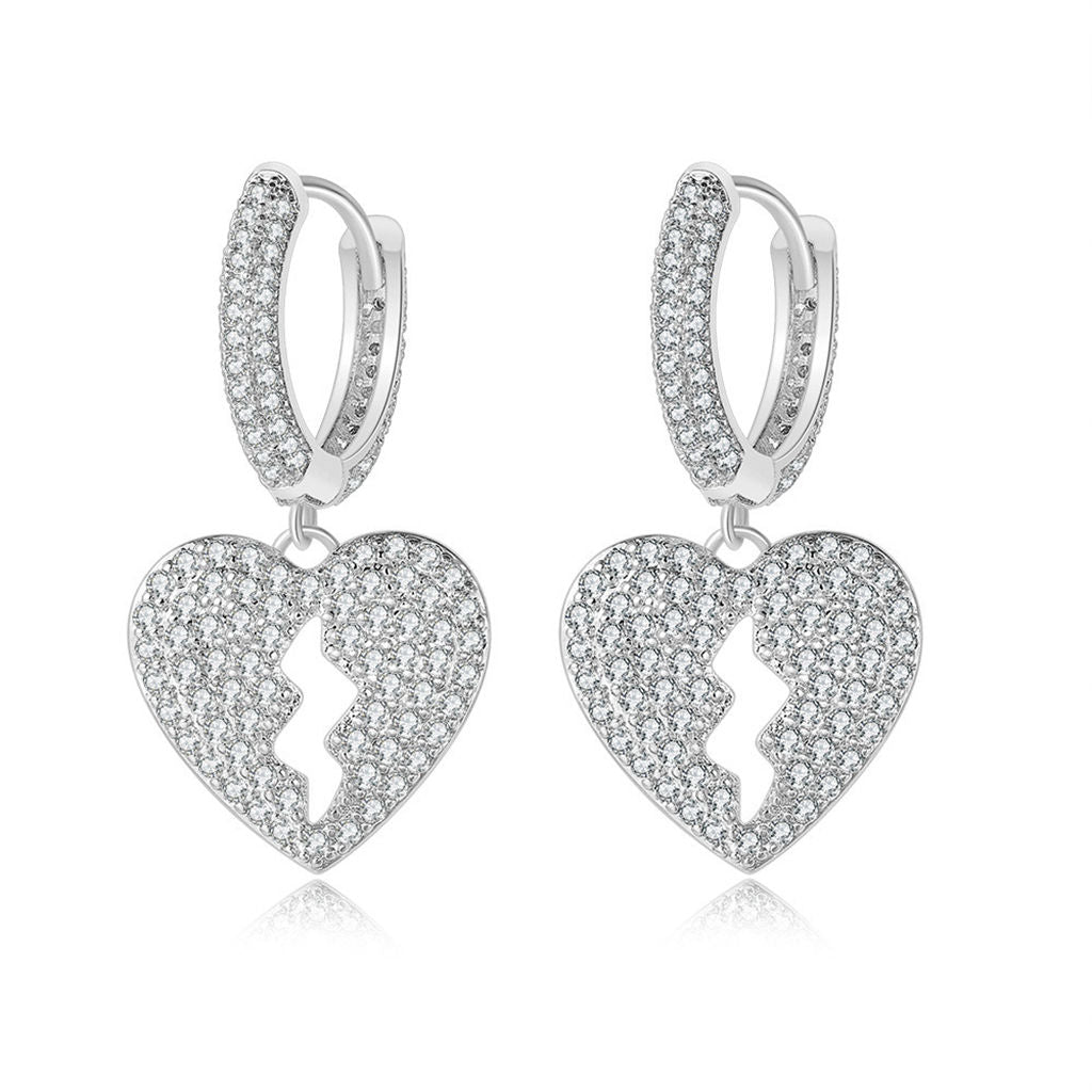 Dangle Heart One-Touch Huggie Hoop Earrings-Cubic Zirconia, earrings, Hip Hop Earrings, Hoop Earrings, Iced Out, Jewellery, Women's Earrings, Women's Jewellery-er1556_s-Glitters