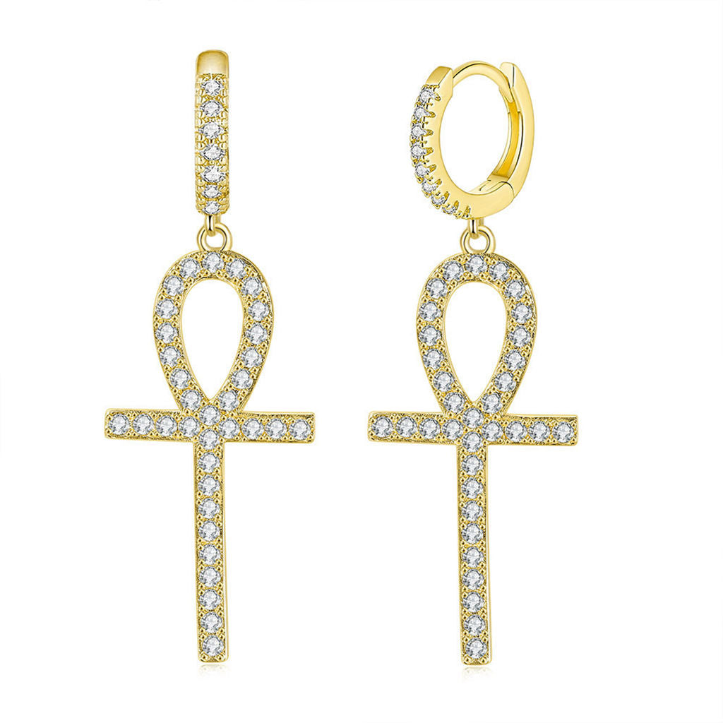 Dangle Ankh Cross One-Touch Huggie Hoop Earrings-Cubic Zirconia, earrings, Hip Hop Earrings, Hoop Earrings, Iced Out, Jewellery, Women's Earrings, Women's Jewellery-er1557-g-Glitters