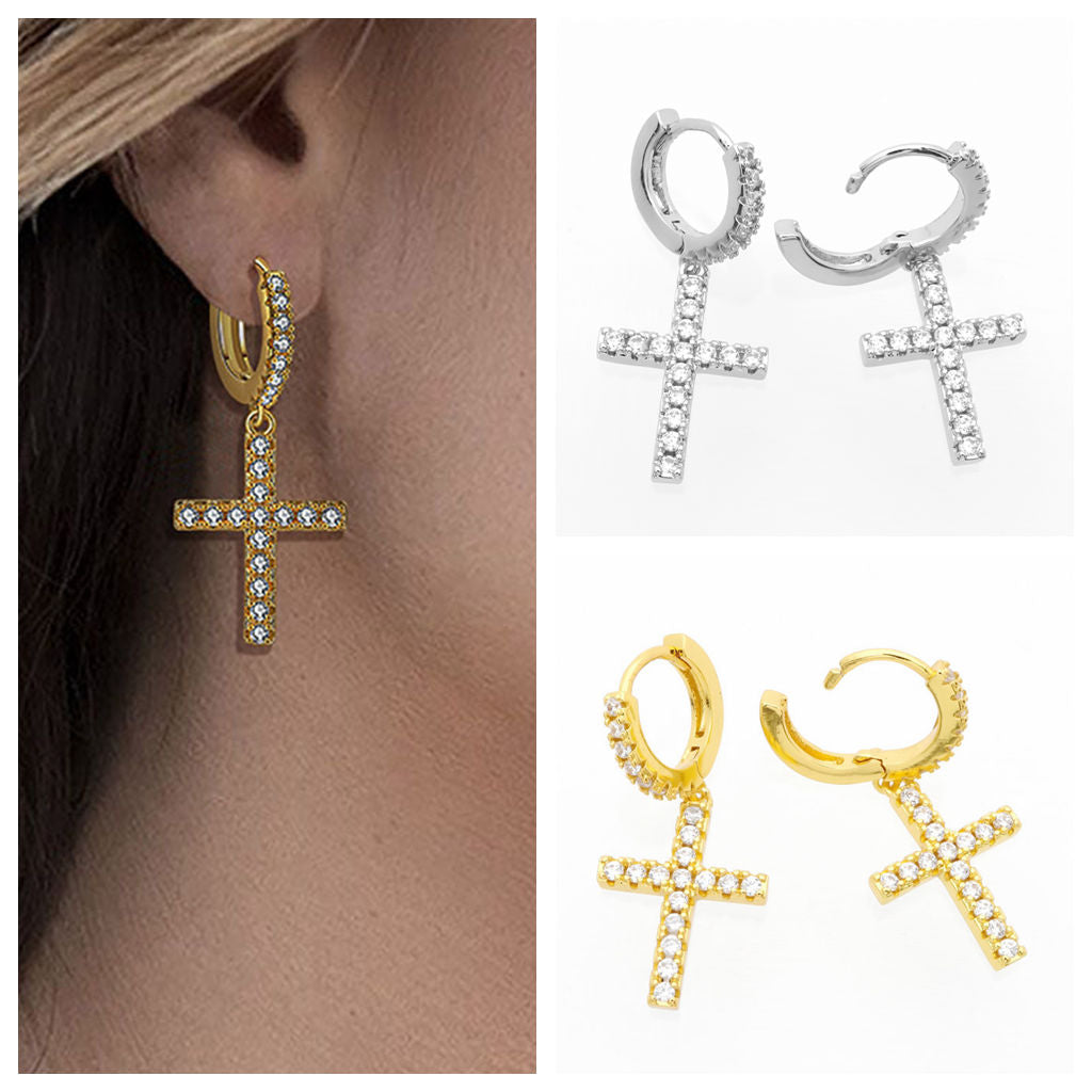CZ Paved Dangle Cross Huggie Hoop Earrings-Cubic Zirconia, earrings, Hoop Earrings, Iced Out, Jewellery, Women's Earrings, Women's Jewellery-er1558-3-Glitters
