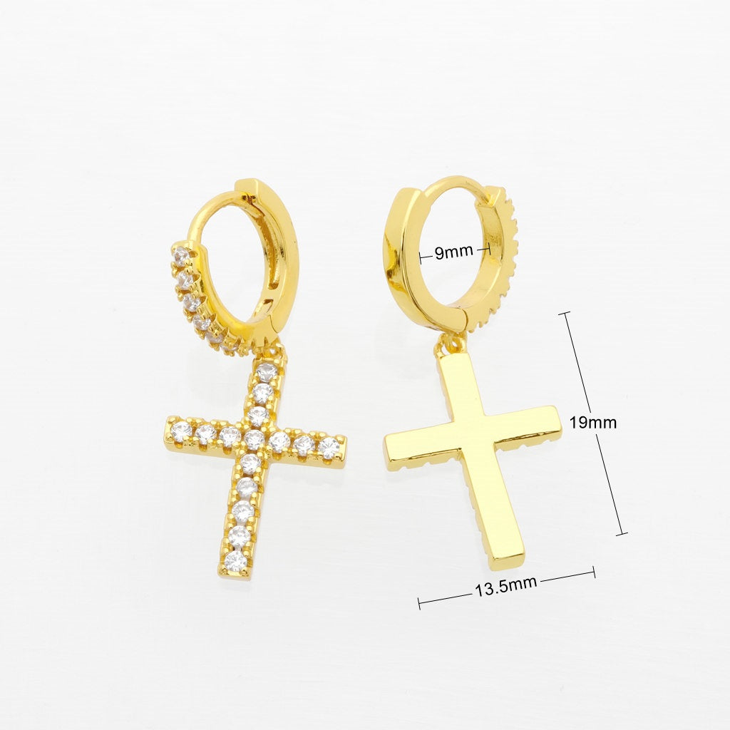 CZ Paved Dangle Cross Huggie Hoop Earrings-Cubic Zirconia, earrings, Hoop Earrings, Iced Out, Jewellery, Women's Earrings, Women's Jewellery-er1558-g2_1_New-Glitters