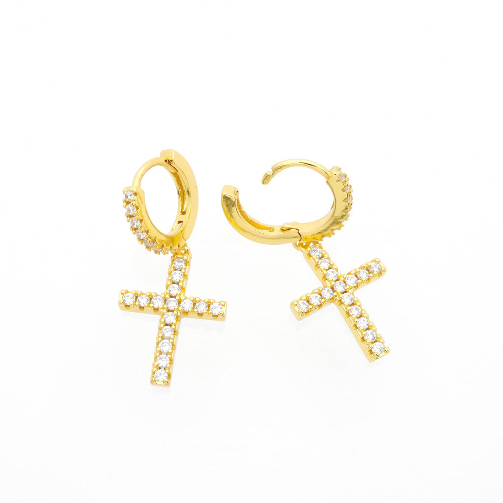 CZ Paved Dangle Cross Huggie Hoop Earrings-Cubic Zirconia, earrings, Hoop Earrings, Iced Out, Jewellery, Women's Earrings, Women's Jewellery-er1558-g_1-Glitters