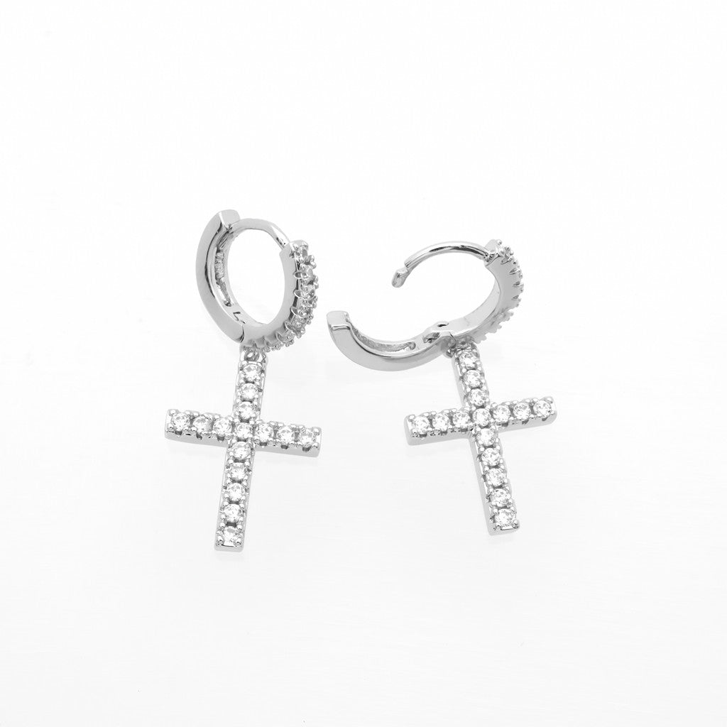 CZ Paved Dangle Cross Huggie Hoop Earrings-Cubic Zirconia, earrings, Hoop Earrings, Iced Out, Jewellery, Women's Earrings, Women's Jewellery-er1558-s_1-Glitters