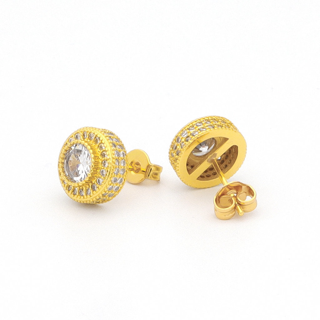 Iced Out 10mm Round Stud Earrings - Gold-Cubic Zirconia, earrings, Hip Hop Earrings, Iced Out, Jewellery, Men's Earrings, Men's Jewellery, New, Stud Earrings, Women's Earrings, Women's Jewellery-er1569-g4_1-Glitters