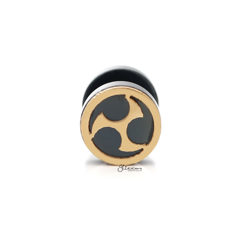 Black Round Fake Plug Earring with Gold Zed Shuriken-Body Piercing Jewellery, earrings, Fake Plug, Jewellery, Men's Earrings, Men's Jewellery, Stainless Steel-fp0162_800-Glitters
