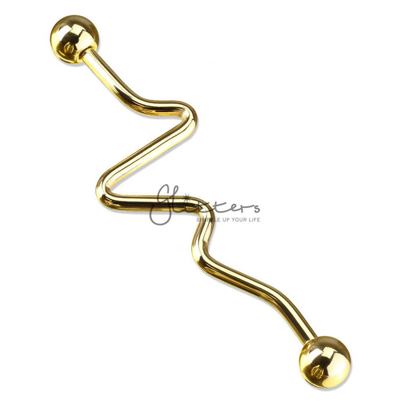 18K Gold IP Over Surgical Steel Zig Zag Industrial Barbells-Body Piercing Jewellery, Industrial Barbell-ib0002-Z2-Glitters