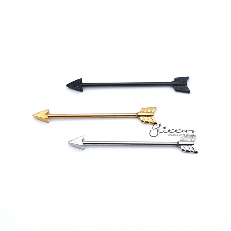 14GA Surgical Steel Arrow Industrial Barbells - Gold | Black-Body Piercing Jewellery, Industrial Barbell-ib0002-arrow-Glitters