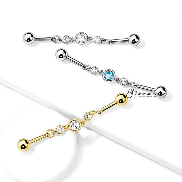 316L Surgical Steel Triple Round CZ Chain Industrial Barbell-Body Piercing Jewellery, Cubic Zirconia, Industrial Barbell-ib0003-BI67-01-Glitters