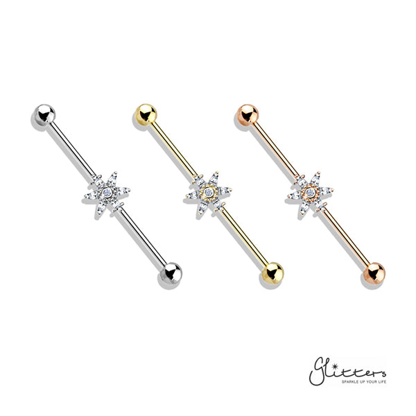 316L Surgical Steel Industrial Barbells with 6 Princess Cut CZ Petal Flower-Body Piercing Jewellery, Cubic Zirconia, Industrial Barbell-ib0003-bi75-1-Glitters