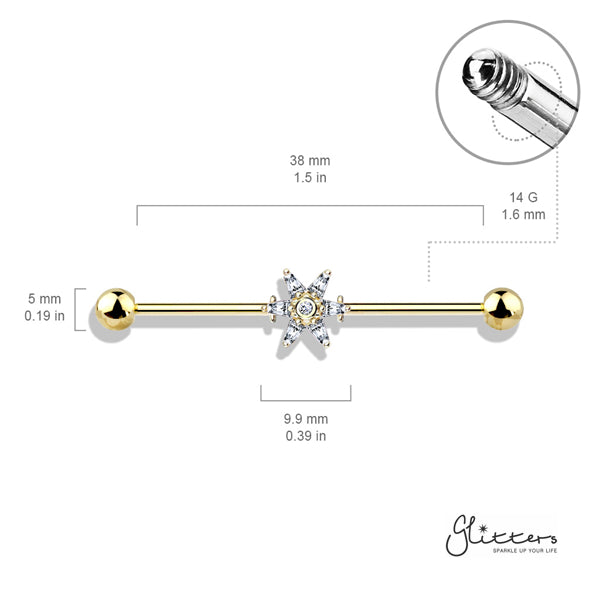 316L Surgical Steel Industrial Barbells with 6 Princess Cut CZ Petal Flower-Body Piercing Jewellery, Cubic Zirconia, Industrial Barbell-ib0003-bi75-3-Glitters