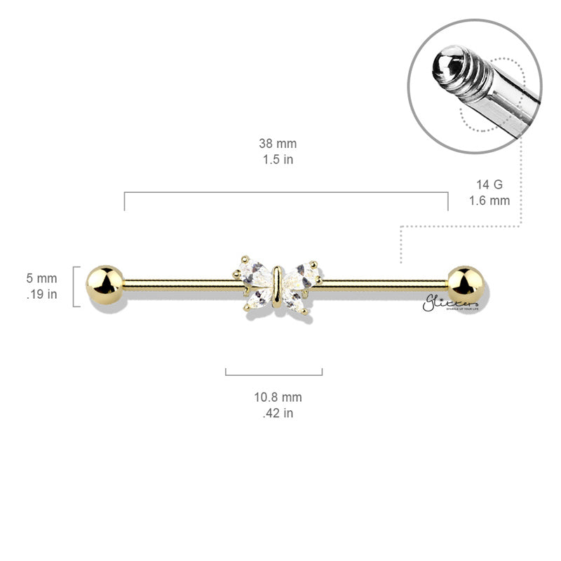 CZ Butterfly Industrial Barbell - Silver-Body Piercing Jewellery, Cubic Zirconia, Industrial Barbell-ib0039M2-Glitters