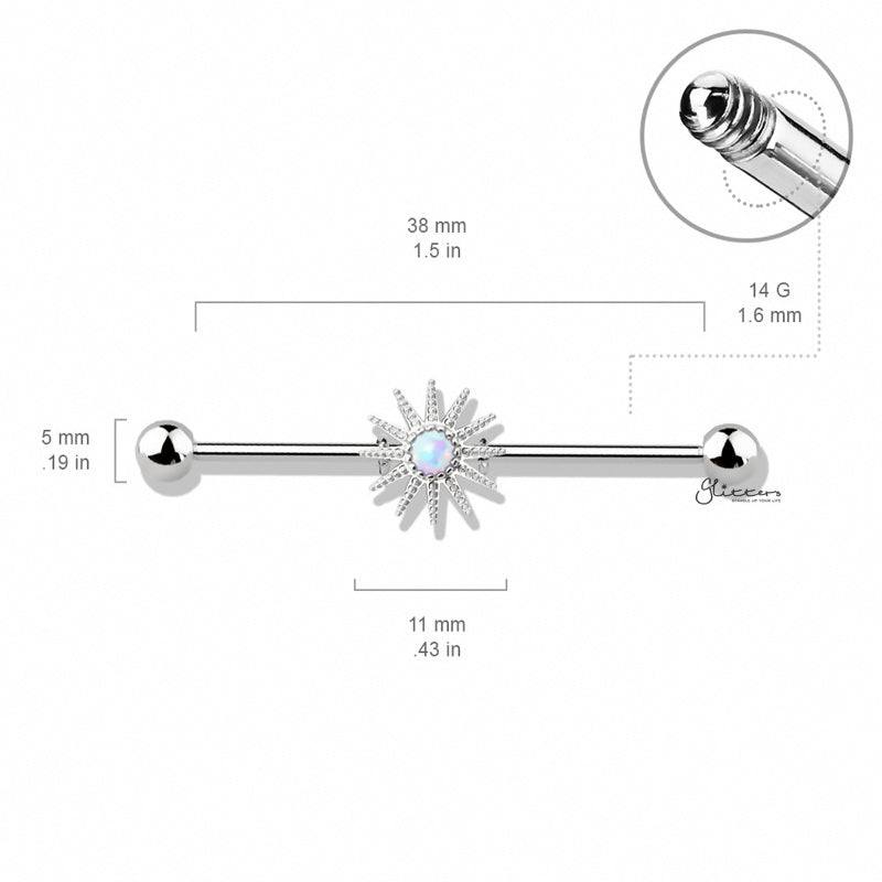 White Opal Sunburst Industrial Barbell-Body Piercing Jewellery, Industrial Barbell-ib0040s-Glitters