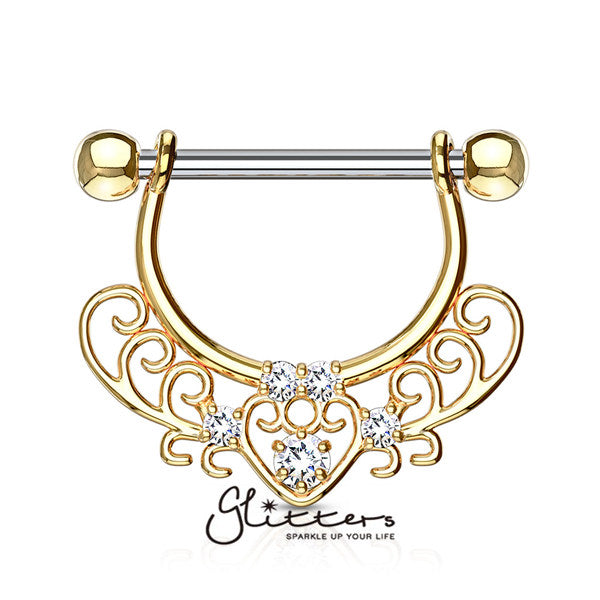 Heart Cubic Zirconia Filigree Dangle Surgical Steel Nipple Rings-Body Piercing Jewellery, Cubic Zirconia, Nipple Barbell-nb0007-1_663682fd-f08b-4bbf-9ded-0e5de7e52530-Glitters