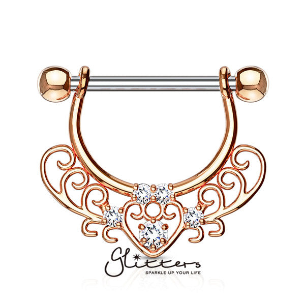 Heart Cubic Zirconia Filigree Dangle Surgical Steel Nipple Rings-Body Piercing Jewellery, Cubic Zirconia, Nipple Barbell-nb0007-2-Glitters