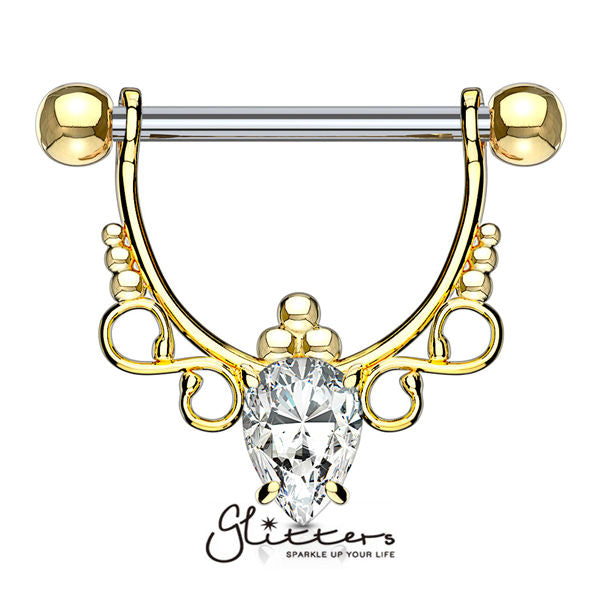 Pear CZ with Infinite Filigree Dangle 316L Surgical Steel Nipple Rings-Body Piercing Jewellery, Cubic Zirconia, Nipple Barbell-nb0008-1-Glitters