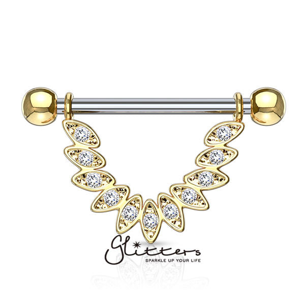 Linked CZ Set Feather Dangle Surgical Steel Nipple rings-Body Piercing Jewellery, Cubic Zirconia, Nipple Barbell-nb0009-1-Glitters