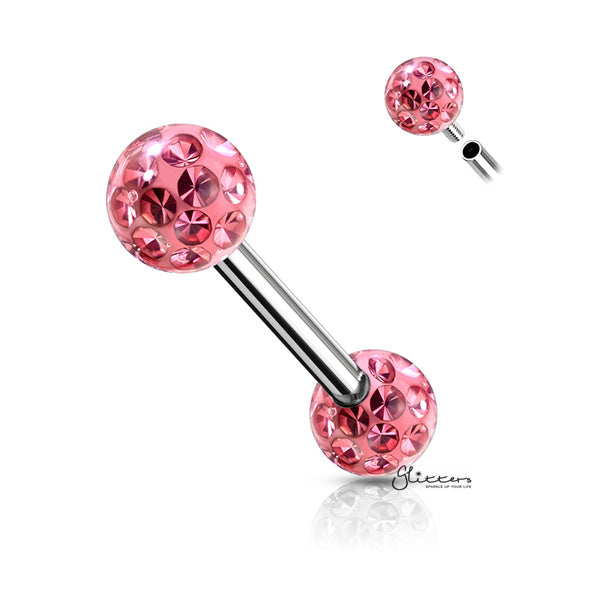 Surgical Steel Nipple Barbell with Epoxy Covered Crystal Paved Balls - Pink-Body Piercing Jewellery, Cubic Zirconia, Nipple Barbell, Tongue Bar-nb0019-p-Glitters