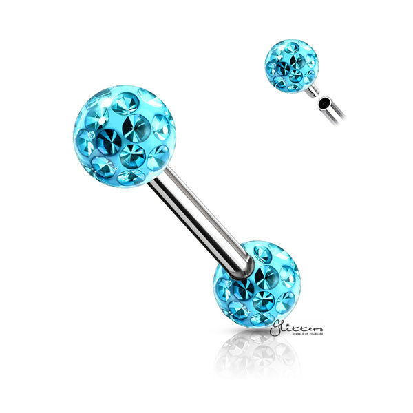 Surgical Steel Nipple Barbell with Epoxy Covered Crystal Paved Balls - Aqua-Body Piercing Jewellery, Cubic Zirconia, Nipple Barbell, Tongue Bar-nb0019-q-Glitters
