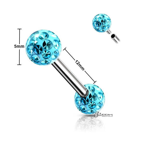Surgical Steel Nipple Barbell with Epoxy Covered Crystal Paved Balls - Aqua-Body Piercing Jewellery, Cubic Zirconia, Nipple Barbell, Tongue Bar-nb0019-q_New-Glitters