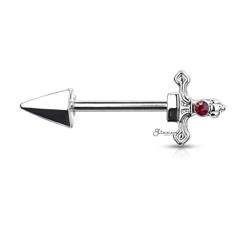 Red Gem Set Dagger Nipple Barbell - Silver-Body Piercing Jewellery, Dagger, Nipple Barbell-nb0024-s-Glitters
