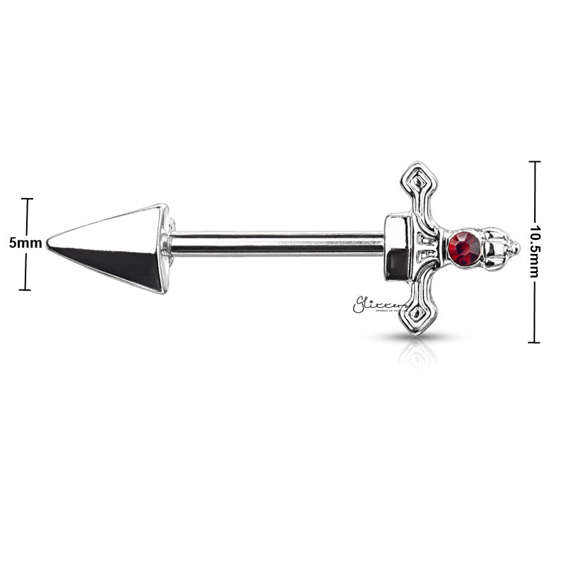 Red Gem Set Dagger Nipple Barbell - Silver-Body Piercing Jewellery, Dagger, Nipple Barbell-nb0024-s_New-Glitters