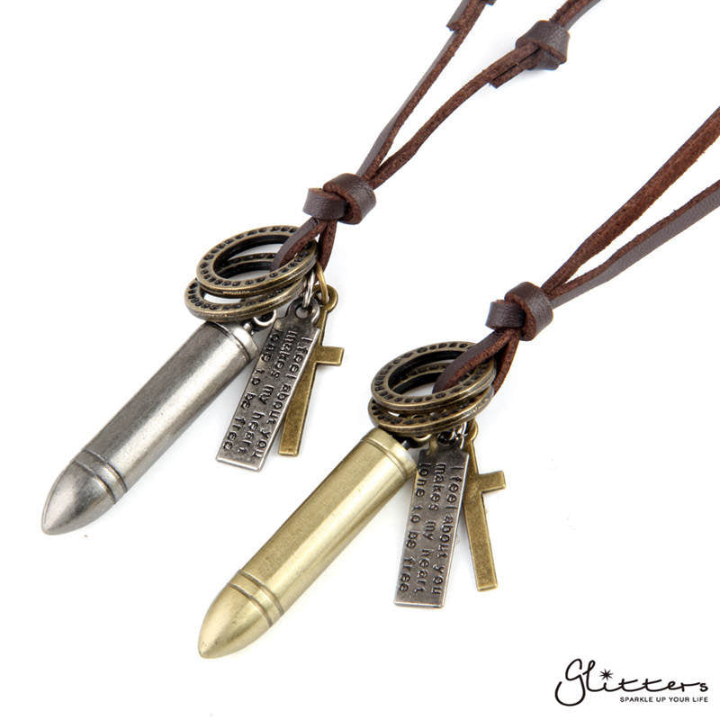 Bullet Pendant with Long Leather String Chain-Adjustable chain, Jewellery, Leather, Men's Jewellery, Men's Necklace, necklace, Necklaces-nk1007_4-Glitters