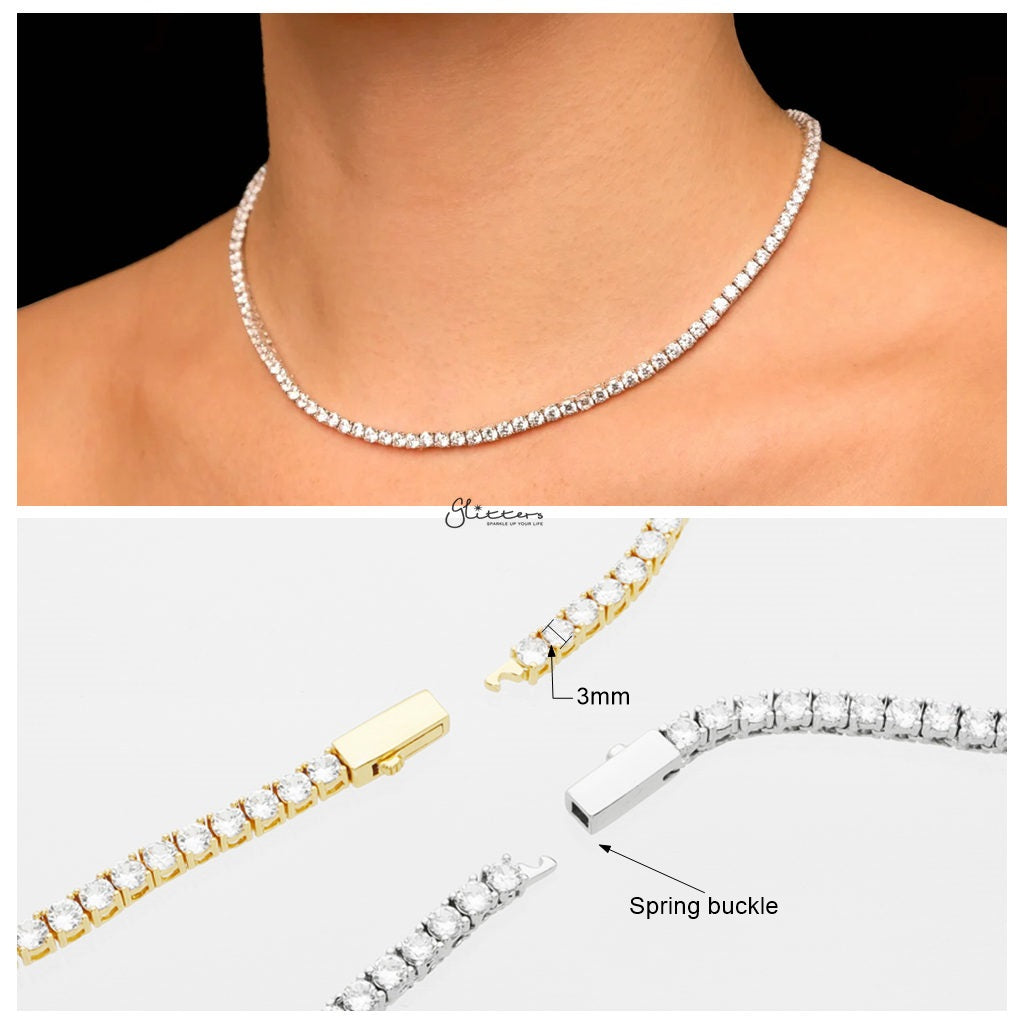 3mm Round Cut C.Z Tennis Necklace-Chain Necklaces, Cubic Zirconia, Hip Hop, Hip Hop Chains, Iced Out, Jewellery, Men's Chain, Men's Jewellery, Men's Necklace, Necklaces, Pendant Chain, Women's Jewellery-nk1038-sg_1_New-Glitters