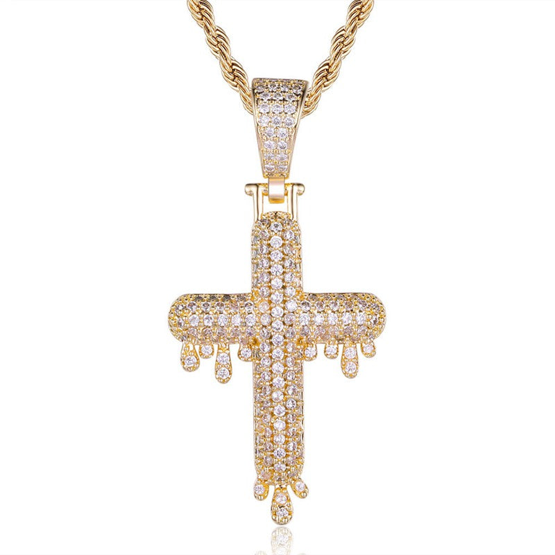 Iced Out Drip Cross Pendant - Gold-Hip Hop, Hip Hop Pendant, Iced Out, Jewellery, Men's Necklace, Necklaces, Pendants, Women's Jewellery, Women's Necklace-nk1053-g1-800-Glitters