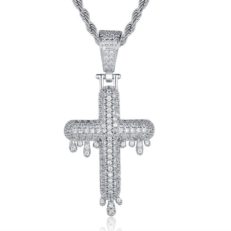 Iced Out Drip Cross Pendant - Silver-Hip Hop, Hip Hop Pendant, Iced Out, Jewellery, Men's Necklace, Necklaces, Pendants, Women's Jewellery, Women's Necklace-nk1053-s1-800-Glitters