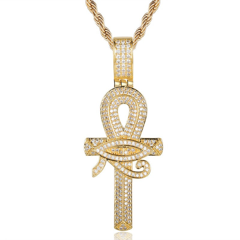 Iced Out Eye of Horus Ankh Cross Pendant - Gold-Hip Hop, Hip Hop Pendant, Iced Out, Jewellery, Men's Necklace, Necklaces, Pendants, Women's Jewellery, Women's Necklace-nk1061-gc-800-Glitters