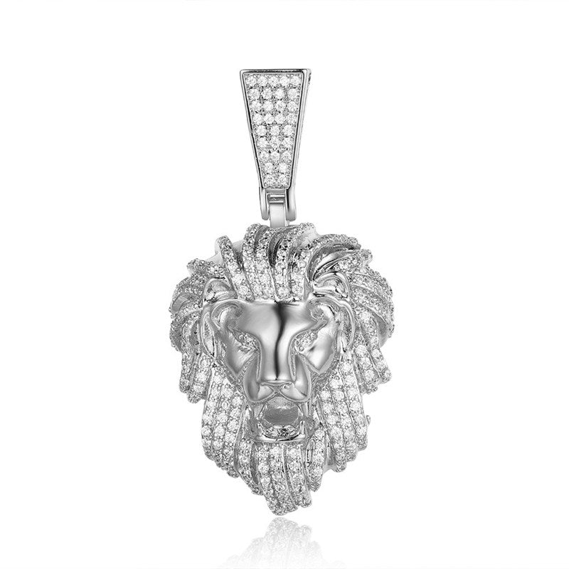Iced Out Lion Head Pendant - Silver-Hip Hop, Hip Hop Pendant, Iced Out, Men's Necklace, Necklaces, Pendants-nk1062-s-800-Glitters