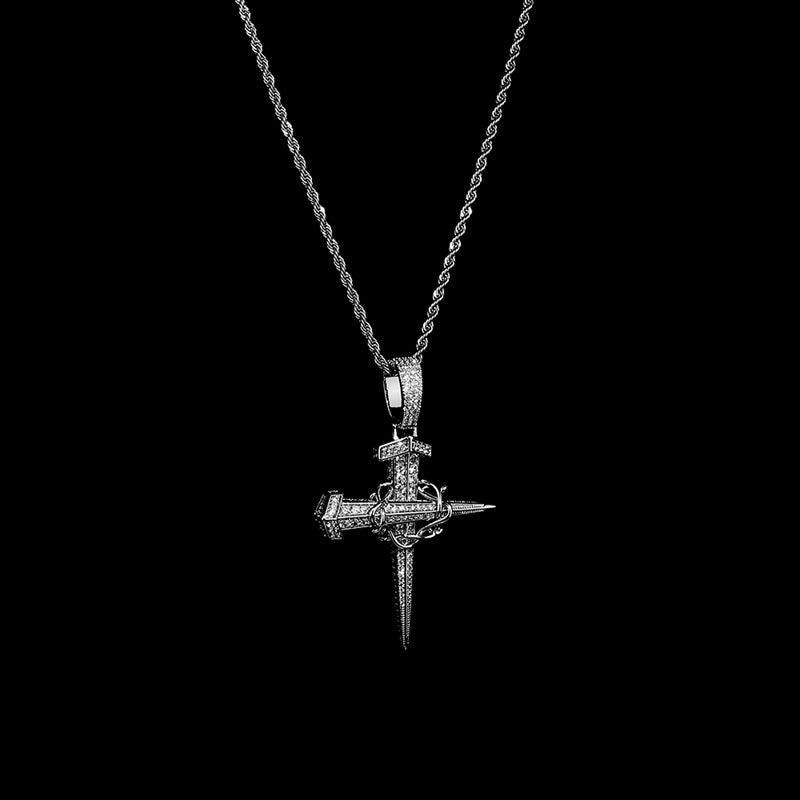 Iced Out Nail Cross with Chain Pendant - Silver-Hip Hop, Hip Hop Pendant, Iced Out, Men's Necklace, Necklaces, Pendants-nk1066-S1-Glitters