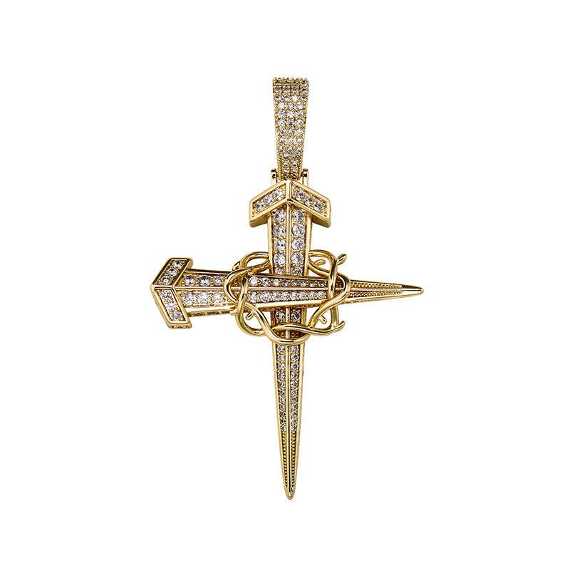 Iced Out Nail Cross with Chain Pendant - Gold-Hip Hop, Hip Hop Pendant, Iced Out, Men's Necklace, Necklaces, Pendants-nk1066-g1-Glitters