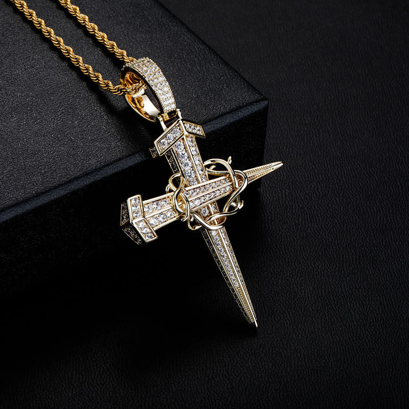 Iced Out Nail Cross with Chain Pendant - Gold-Hip Hop, Hip Hop Pendant, Iced Out, Men's Necklace, Necklaces, Pendants-nk1066-g2_800-Glitters