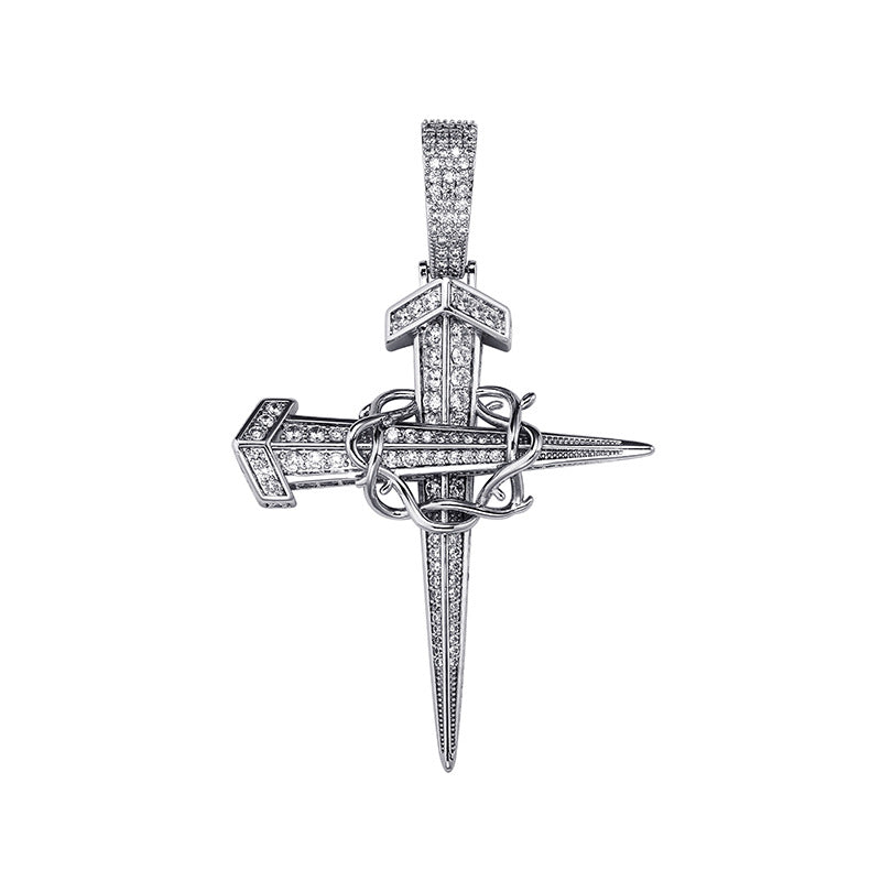 Iced Out Nail Cross with Chain Pendant - Silver-Hip Hop, Hip Hop Pendant, Iced Out, Men's Necklace, Necklaces, Pendants-nk1066-s-Glitters
