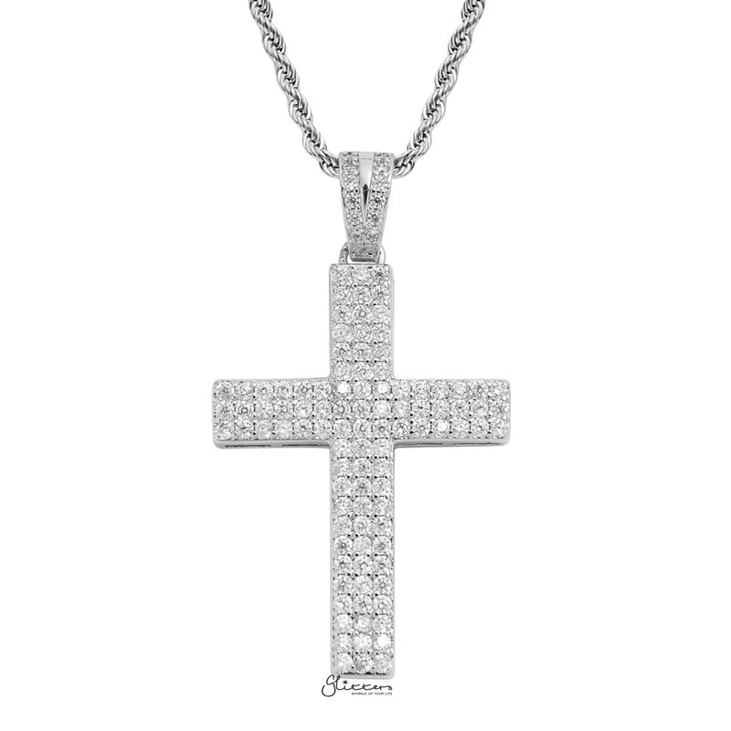Iced Out Micro CZ Pave Cross Pendant - Silver-Hip Hop, Hip Hop Pendant, Iced Out, Men's Necklace, Necklaces, Pendants-nk1074S1-Glitters